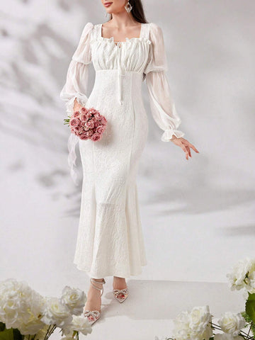 Women's Elegant Solid Color Front Tie Long Sleeve Dress