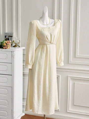 Women's Elegant Solid Color Jacquard Long Sleeve Dress For Spring/Summer