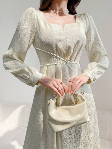 Women's Elegant Solid Color Jacquard Long Sleeve Dress For Spring/Summer