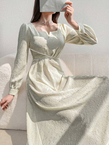 Women's Elegant Solid Color Jacquard Long Sleeve Dress For Spring/Summer