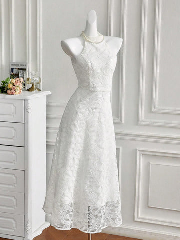 Women's Elegant Solid Color Lace Waist Belt Halter Dress, Summer