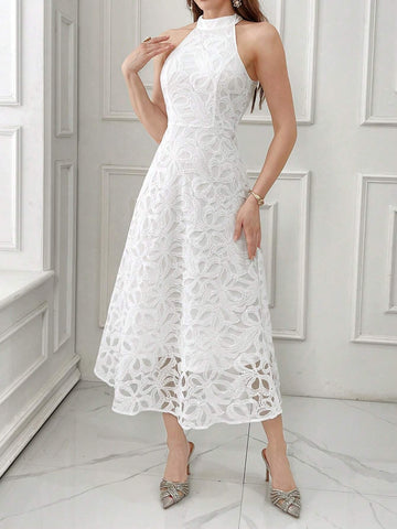 Women's Elegant Solid Color Lace Waist Belt Halter Dress, Summer