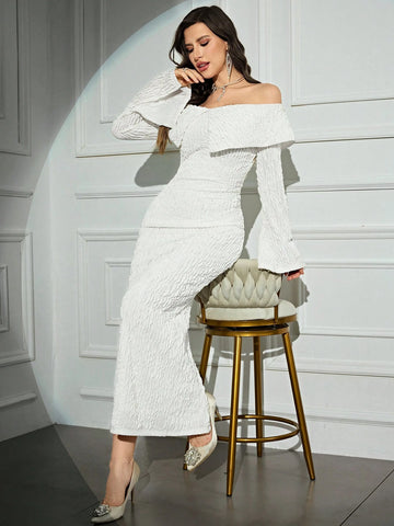 Women's Elegant Solid Color Off-Shoulder Flare Sleeve Dress, Spring Autumn