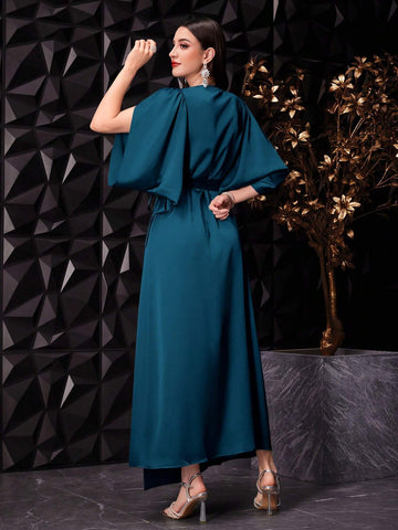 Women's Elegant Solid Color Overlapping V-Neck Petal Short Sleeve Long Dress With Waist Knot,
