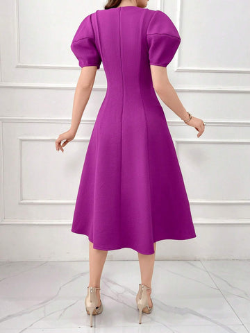 Women's Elegant Solid Color Puff Sleeve Cinched Waist Dress, Summer