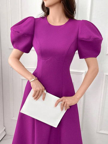 Women's Elegant Solid Color Puff Sleeve Cinched Waist Dress, Summer