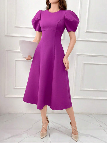 Women's Elegant Solid Color Puff Sleeve Cinched Waist Dress, Summer