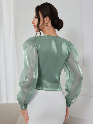 Modely Women's Elegant Solid Color Puff Sleeve Wrap-Around Shirt With Lustrous Finish, Spring/Summer