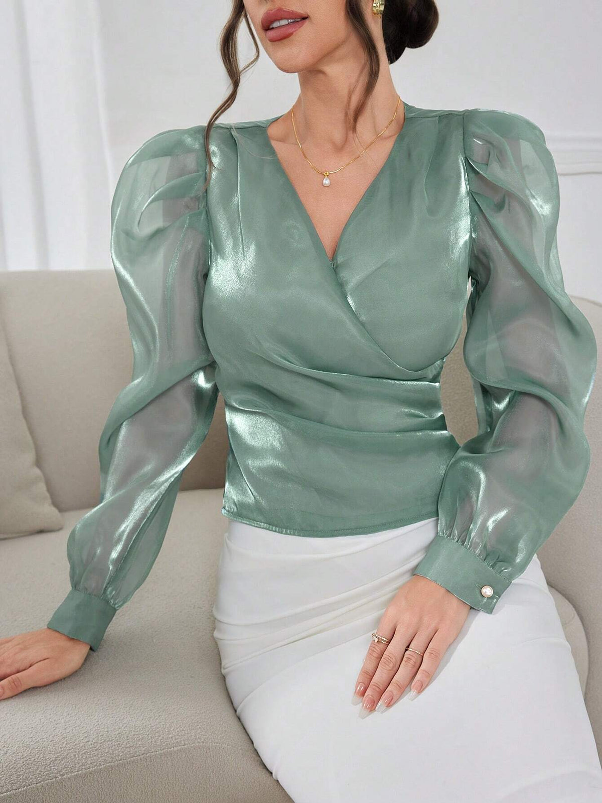 Modely Women's Elegant Solid Color Puff Sleeve Wrap-Around Shirt With Lustrous Finish, Spring/Summer