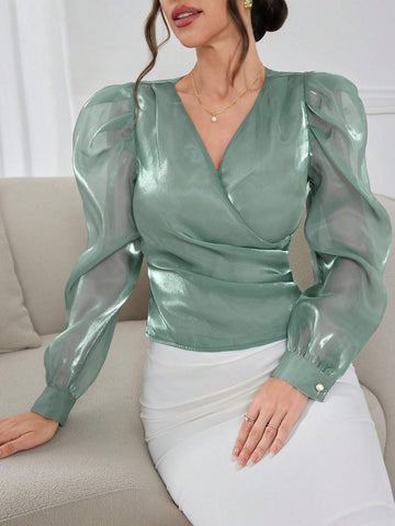 Modely Women's Elegant Solid Color Puff Sleeve Wrap-Around Shirt With Lustrous Finish, Spring/Summer