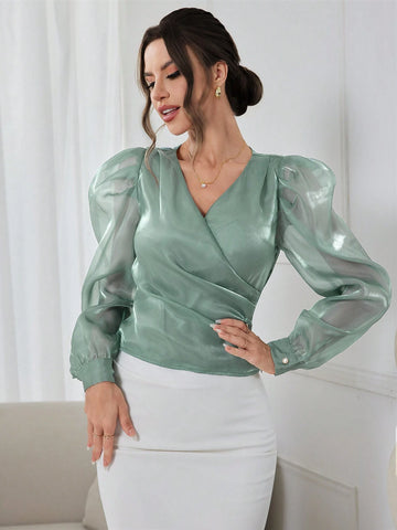 Modely Women's Elegant Solid Color Puff Sleeve Wrap-Around Shirt With Lustrous Finish, Spring/Summer