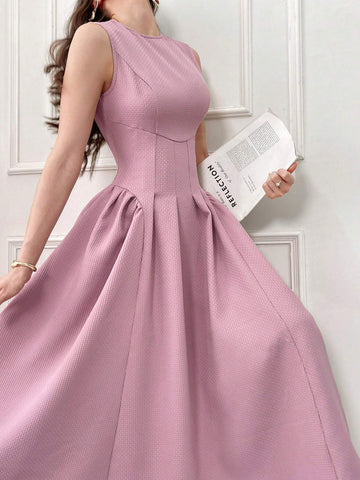 Women's Elegant Solid Color Sleeveless Dress With Tie Waist For Summer