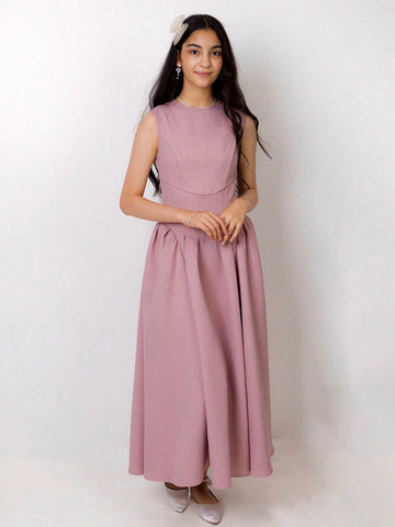 Women's Elegant Solid Color Sleeveless Dress With Tie Waist For Summer