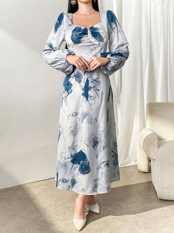 Women's Elegant Tie-Dye Printed Sweetheart Neck Lantern Sleeve Dress, Spring/Summer