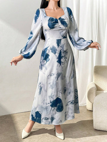 Women's Elegant Tie-Dye Printed Sweetheart Neck Lantern Sleeve Dress, Spring/Summer
