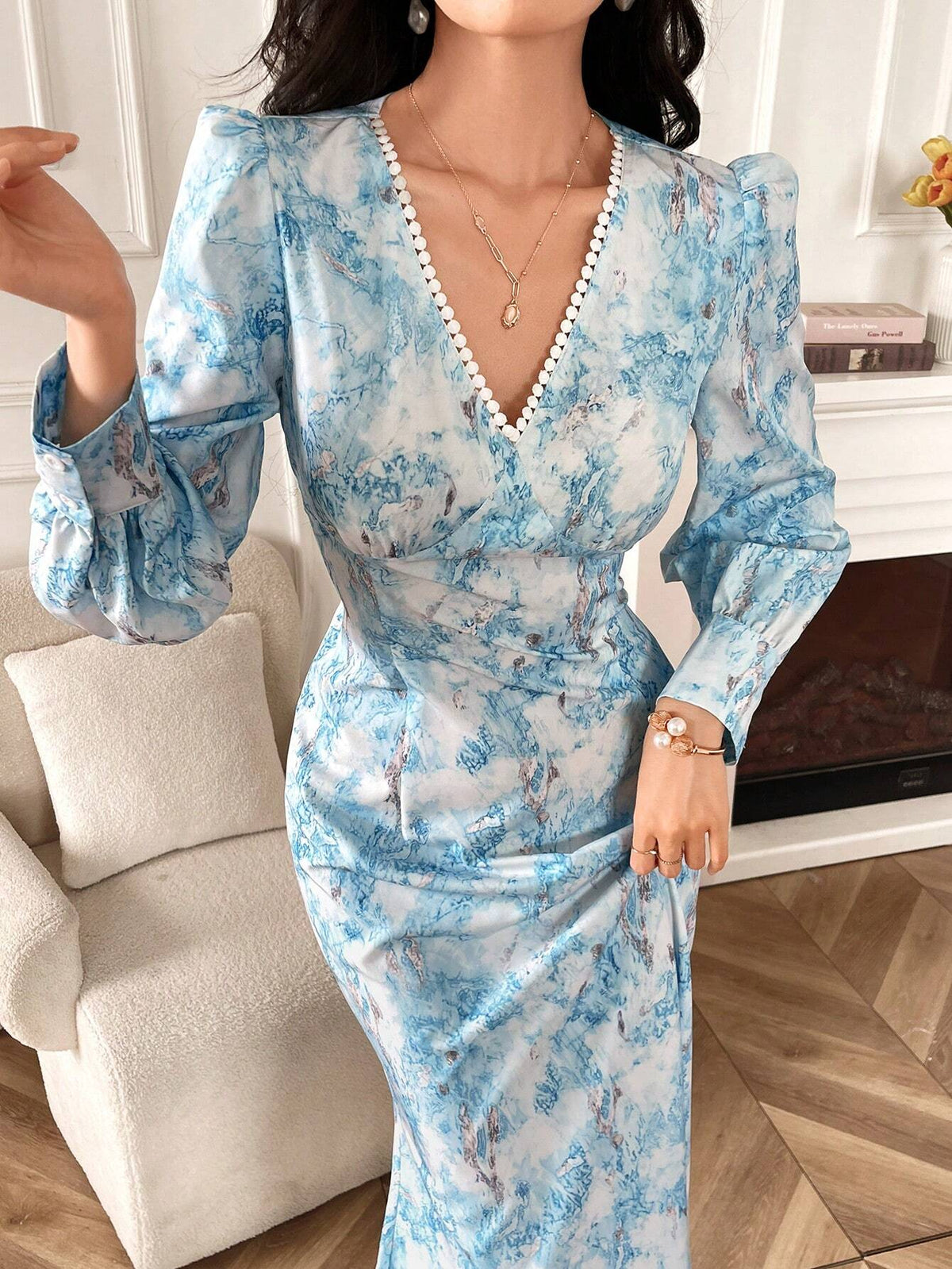 Women's Elegant V-Neck Allover Print Puff Sleeve Mermaid Dress, Summer