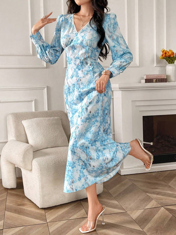 Women's Elegant V-Neck Allover Print Puff Sleeve Mermaid Dress, Summer