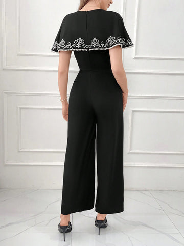 Women's Elegant V-Neck Embroidered Shawl Collar Jumpsuit With Adjustable Waist For Summer