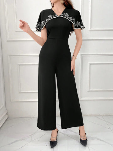 Women's Elegant V-Neck Embroidered Shawl Collar Jumpsuit With Adjustable Waist For Summer