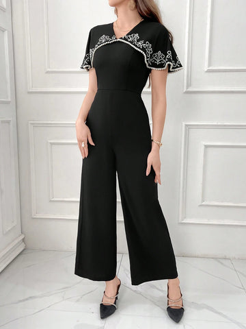 Women's Elegant V-Neck Embroidered Shawl Collar Jumpsuit With Adjustable Waist For Summer