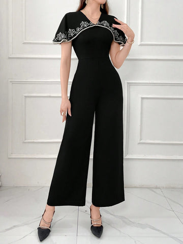Women's Elegant V-Neck Embroidered Shawl Collar Jumpsuit With Adjustable Waist For Summer