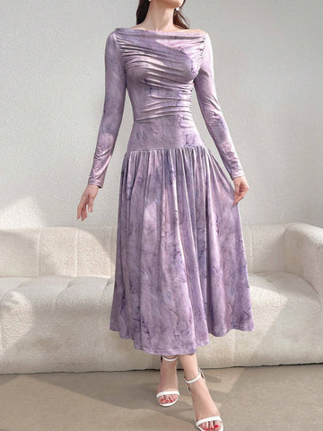 Women's Elegant Vintage Printed Ruched Long Sleeve Dress, Spring/Summer