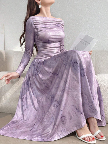 Women's Elegant Vintage Printed Ruched Long Sleeve Dress, Spring/Summer