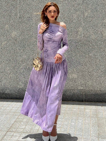 Women's Elegant Vintage Printed Ruched Long Sleeve Dress, Spring/Summer