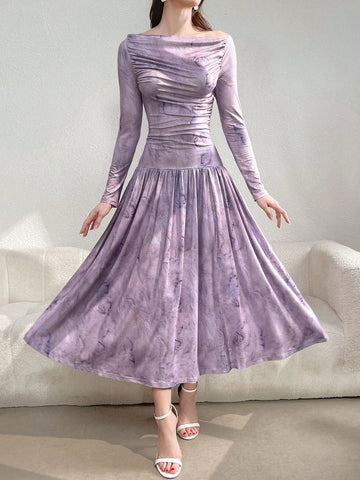 Women's Elegant Vintage Printed Ruched Long Sleeve Dress, Spring/Summer