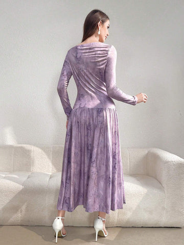 Women's Elegant Vintage Printed Ruched Long Sleeve Dress, Spring/Summer