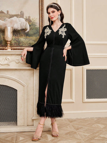 Women's Embroidered Applique V-Neck Split Sleeve Fuzzy Hem Maxi Dress