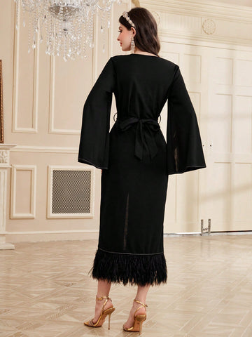 Women's Embroidered Applique V-Neck Split Sleeve Fuzzy Hem Maxi Dress