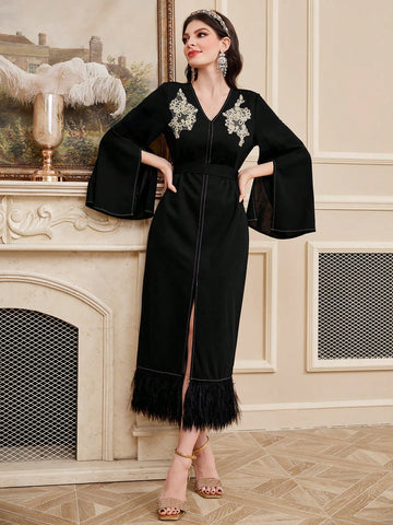 Women's Embroidered Applique V-Neck Split Sleeve Fuzzy Hem Maxi Dress