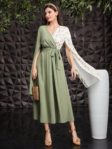 Women's Extra-Long Split Sleeve Belted Two-Tone Dress