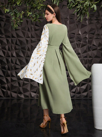 Women's Extra-Long Split Sleeve Belted Two-Tone Dress