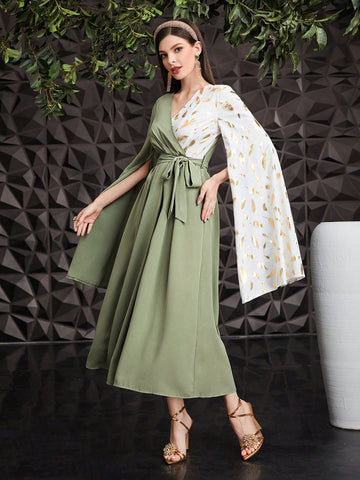 Women's Extra-Long Split Sleeve Belted Two-Tone Dress