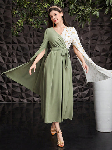 Women's Extra-Long Split Sleeve Belted Two-Tone Dress
