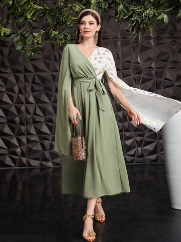 Women's Extra-Long Split Sleeve Belted Two-Tone Dress