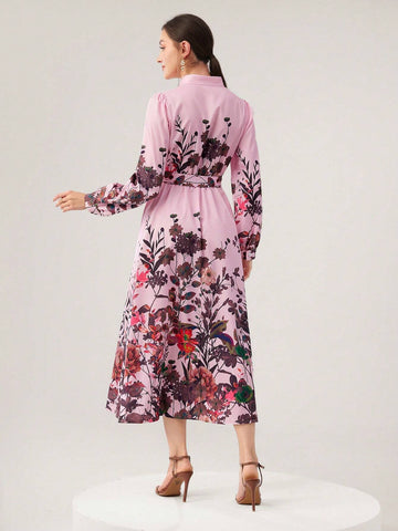 Women's Fashion Floral Printed Long Sleeve Notch V-Neck Dress