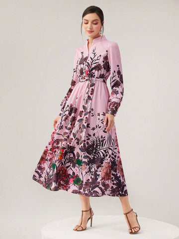 Women's Fashion Floral Printed Long Sleeve Notch V-Neck Dress