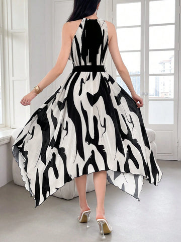 Women's Fashionable Black And White Color Block Halter Neck Dress
