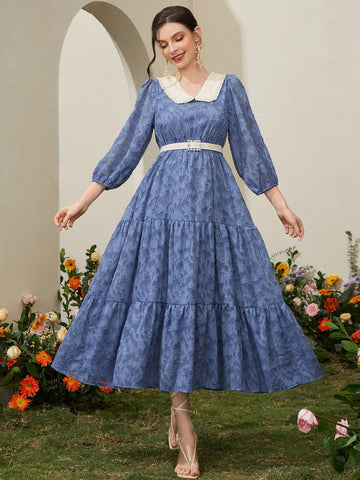 Women's Fashionable Collared Dress With Applique And Ruffle Hem