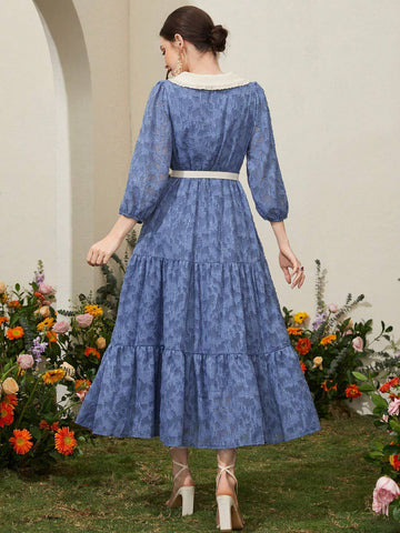 Women's Fashionable Collared Dress With Applique And Ruffle Hem