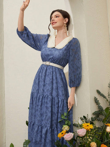 Women's Fashionable Collared Dress With Applique And Ruffle Hem