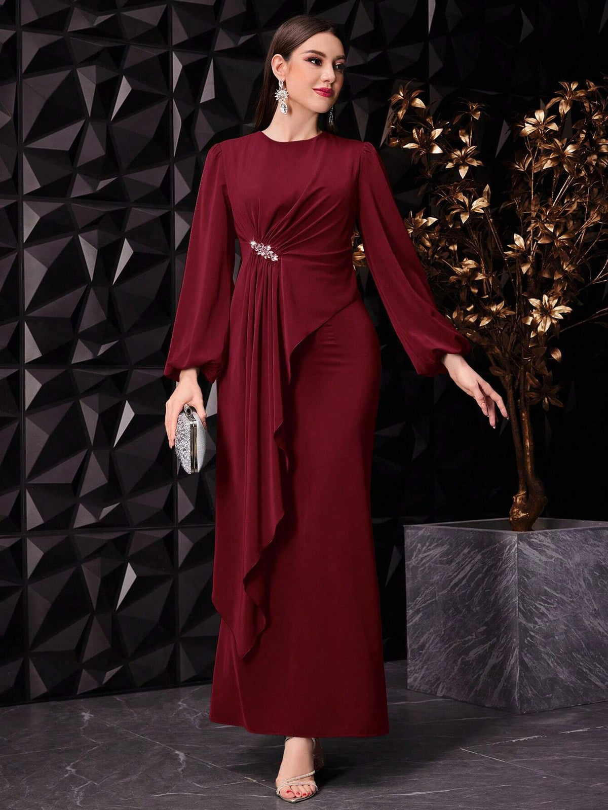 Women's Fashionable Lantern Sleeve Pleated Party Dress