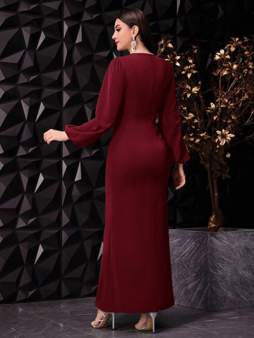 Women's Fashionable Lantern Sleeve Pleated Party Dress