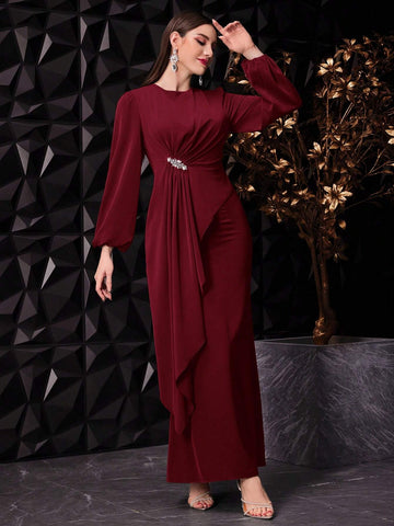 Women's Fashionable Lantern Sleeve Pleated Party Dress