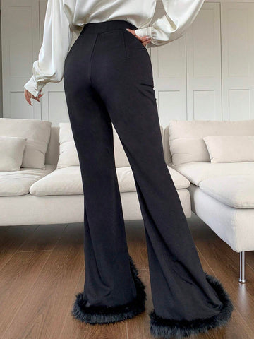 Modely Women's Faux Fur Panel Split Hem Casual Pants