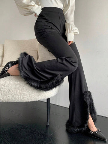 Modely Women's Faux Fur Panel Split Hem Casual Pants