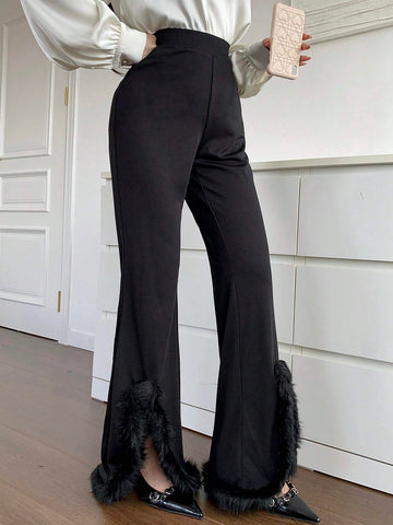 Modely Women's Faux Fur Panel Split Hem Casual Pants